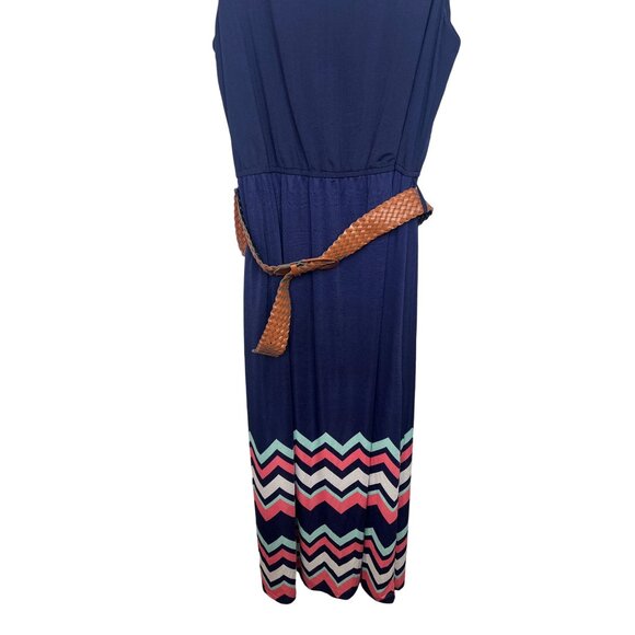J for Justify Navy Blue Plus 2X Maxi Dress Sleeveless Chevron Hem Belted - Picture 4 of 12